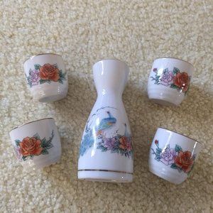 vintage 60s floral porcelain sake set 5 pieces
